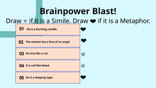01
03
02
He is a burning candle.
The woman has a face of an angel.
He acts like a cat.
Brainpower Blast!
Draw if it is a Simile. Draw if it is a Metaphor.
⭐ ❤️
04 It is red like blood.
05 He is a sleeping tiger.
⭐
❤️
❤️
❤️
⭐
 
