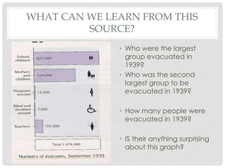WHAT CAN WE LEARN FROM THIS
SOURCE?
• Who were the largest
group evacuated in
1939?
• Who was the second
largest group to be
evacuated in 1939?
• How many people were
evacuated in 1939?
• IS their anything surprising
about this graph?
 