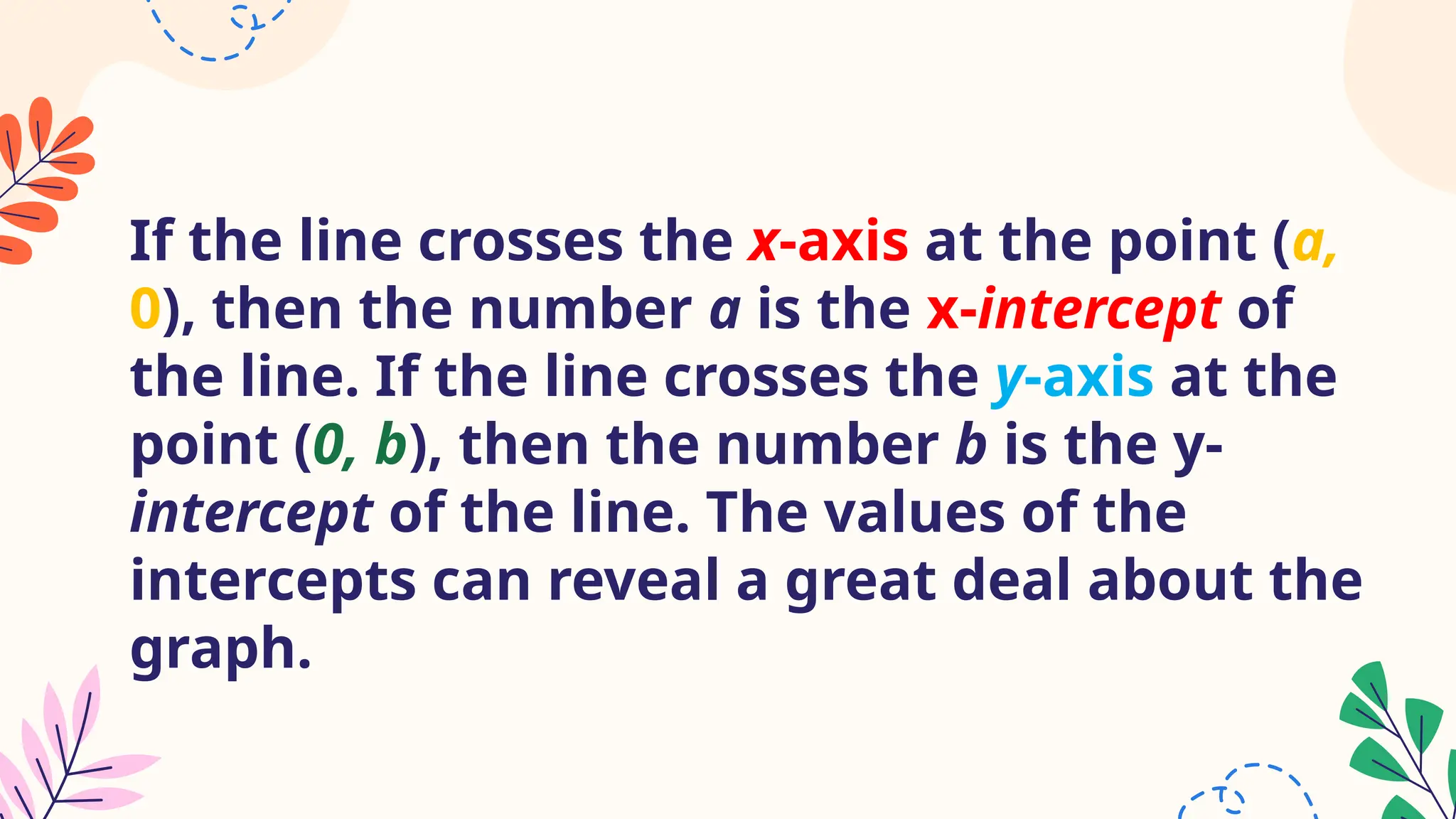 If the line crosses the x-axis at the point (a,
0), then the number a is the x-intercept of
the line. If the line crosses the y-axis at the
point (0, b), then the number b is the y-
intercept of the line. The values of the
intercepts can reveal a great deal about the
graph.
 