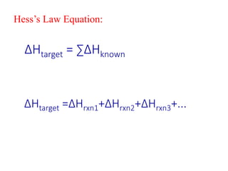 ∆Htarget = ∑∆Hknown
∆Htarget =∆Hrxn1+∆Hrxn2+∆Hrxn3+...
Hess’s Law Equation:
 