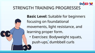 Basic Level: Suitable for beginners
focusing on foundational
movements, light resistance, and
learning proper form.
• Exercises: Bodyweight squats,
push-ups, dumbbell curls
STRENGTH TRAINING PROGRESSES
 