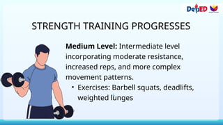 Medium Level: Intermediate level
incorporating moderate resistance,
increased reps, and more complex
movement patterns.
• Exercises: Barbell squats, deadlifts,
weighted lunges
STRENGTH TRAINING PROGRESSES
 