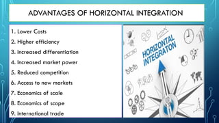 ADVANTAGES OF HORIZONTAL INTEGRATION
1. Lower Costs
2. Higher efficiency
3. Increased differentiation
4. Increased market power
5. Reduced competition
6. Access to new markets
7. Economics of scale
8. Economics of scope
9. International trade
 