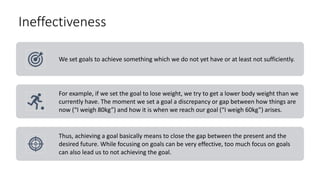 Ineffectiveness
We set goals to achieve something which we do not yet have or at least not sufficiently.
For example, if we set the goal to lose weight, we try to get a lower body weight than we
currently have. The moment we set a goal a discrepancy or gap between how things are
now (“I weigh 80kg”) and how it is when we reach our goal (“I weigh 60kg”) arises.
Thus, achieving a goal basically means to close the gap between the present and the
desired future. While focusing on goals can be very effective, too much focus on goals
can also lead us to not achieving the goal.
 