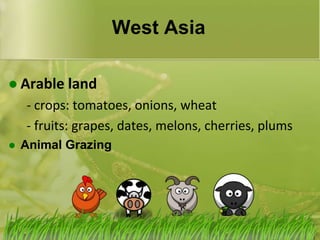 West AsiaArable land- crops: tomatoes, onions, wheat	- fruits: grapes, dates, melons, cherries, plumsAnimal Grazing