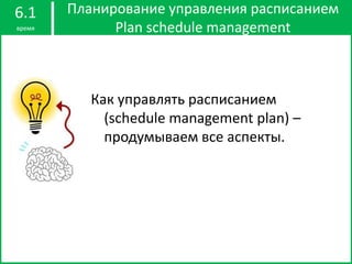 Планирование управления расписанием
Plan schedule management
6.1
время
Как управлять расписанием
(schedule management plan) –
продумываем все аспекты.
 