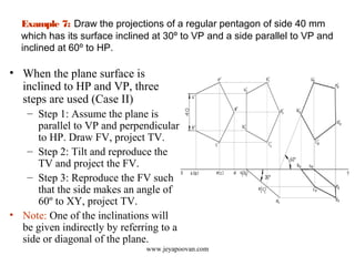 Example 7: Draw the projections of a regular pentagon of side 40 mm
which has its surface inclined at 30º to VP and a side parallel to VP and
inclined at 60º to HP.
• When the plane surface is
inclined to HP and VP, three
steps are used (Case II)
– Step 1: Assume the plane is
parallel to VP and perpendicular
to HP. Draw FV, project TV.
– Step 2: Tilt and reproduce the
TV and project the FV.
– Step 3: Reproduce the FV such
that the side makes an angle of
60º to XY, project TV.
• Note: One of the inclinations will
be given indirectly by referring to a
side or diagonal of the plane.
www.jeyapoovan.com
 