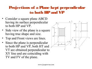 Projections of a Plane kept perpendicular
to both HPand VP
• Consider a square plane ABCD
having its surface perpendicular
to both HP and VP.
• Side view of the plane is a square
having true shape and size.
• Top and Front views are lines.
• Since the plane is perpendicular
to both HP and VP, both HT and
VT are obtained perpendicular to
XY line and are coinciding with
TV and FV of the plane.
www.jeyapoovan.com
 