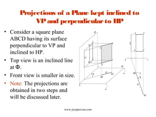 Projections of a Plane kept inclined to
VPand perpendicularto HP
• Consider a square plane
ABCD having its surface
perpendicular to VP and
inclined to HP.
• Top view is an inclined line
at Φ.
• Front view is smaller in size.
• Note: The projections are
obtained in two steps and
will be discussed later.
www.jeyapoovan.com
 