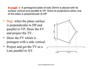 Example 1: A pentagonal plate of side 35mm is placed with its
surface vertical and parallel to VP. Draw its projections when one
of the sides is perpendicular to HP.
• Step: when the plane surface
is perpendicular to HP and
parallel to VP, Draw the FV
and project the TV.
• Draw the FV which is
pentagon with a side vertical.
• Project and get the TV as a
Line parallel to XY.
www.jeyapoovan.com
 