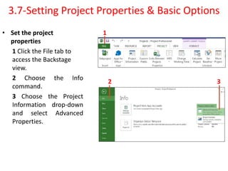 3.7-Setting Project Properties & Basic Options
• Set the project
properties
1 Click the File tab to
access the Backstage
view.
2 Choose the Info
command.
3 Choose the Project
Information drop-down
and select Advanced
Properties.
1
2 3
 