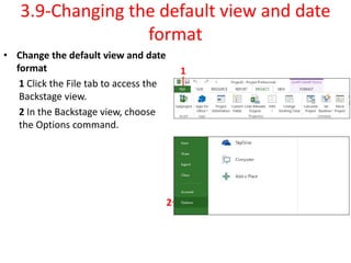 3.9-Changing the default view and date
format
• Change the default view and date
format
1 Click the File tab to access the
Backstage view.
2 In the Backstage view, choose
the Options command.
1
2
 