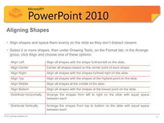 Microsoft®

                            PowerPoint 2010
  Aligning Shapes

   • Align shapes and space them evenly on the slide so they don’t distract viewers

   • Select 2 or more shapes, then under Drawing Tools, on the Format tab, in the Arrange
     group, click Align and choose one of these options:

        Align Left                       Align all shapes with the shape furthest left on the slide.
        Align Center                     Center all shapes based on the center point of each shape.
        Align Right                      Align all shapes with the shapes furthest right on the slide.
        Align Top                        Align all shapes with the shapes at the highest point on the slide.
        Align Middle                     Align all shapes at the middle of the slide.
        Align Bottom                     Align all shapes with the shapes at the lowest point on the slide.
        Distribute Horizontally          Arrange the shapes from left to right on the slide with equal space
                                         between each.

        Distribute Vertically            Arrange the shapes from top to bottom on the slide with equal space
                                         between each.
© CCI Learning Solutions Inc.                                                                                  23
 