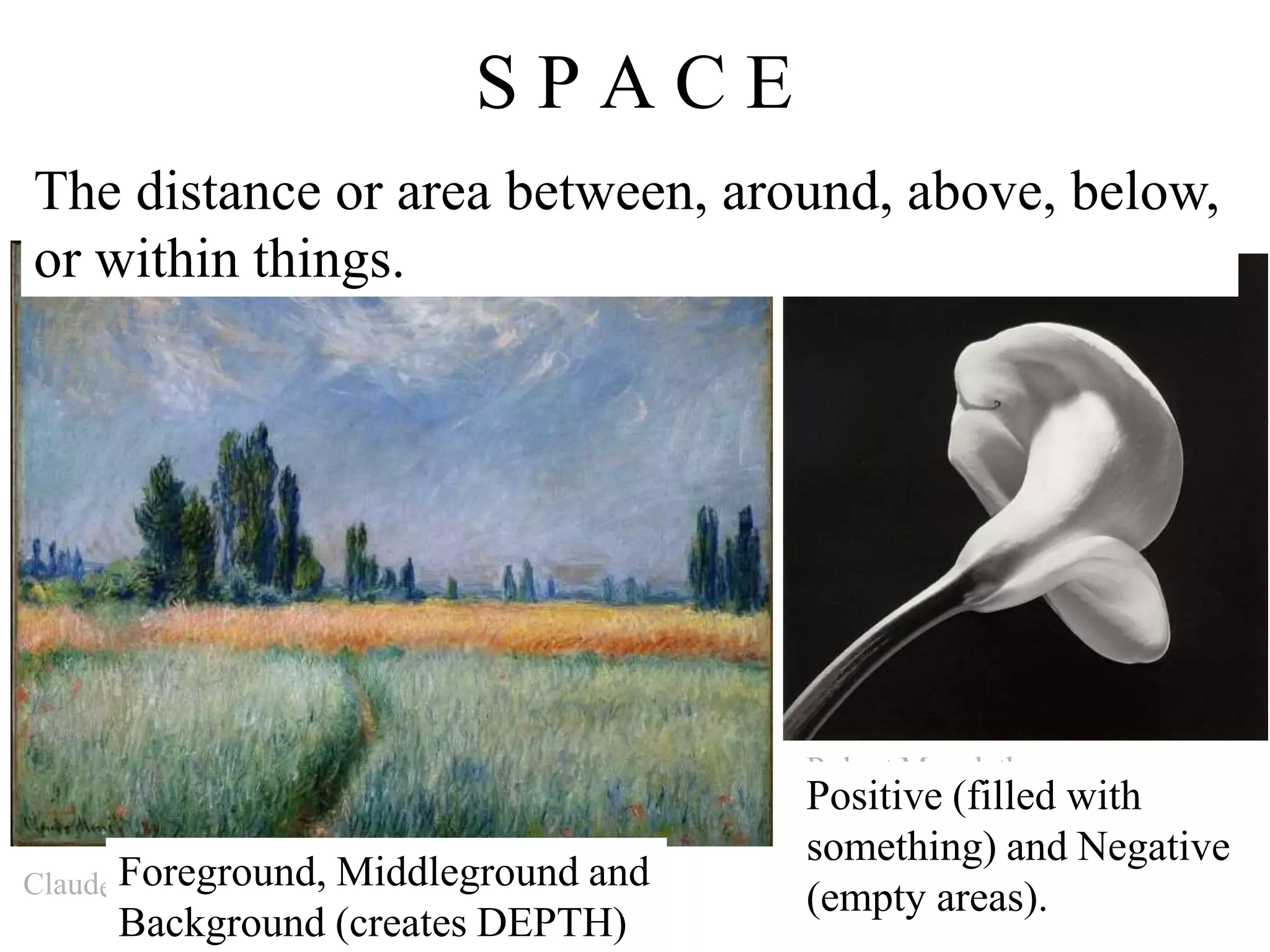 Robert Mapplethorpe
e Monet
S P A C E
The distance or area between, around, above, below,
or within things.
Positive (filled with
something) and Negative
(empty areas).
Claud Foreground, Middleground and
Background (creates DEPTH)
 