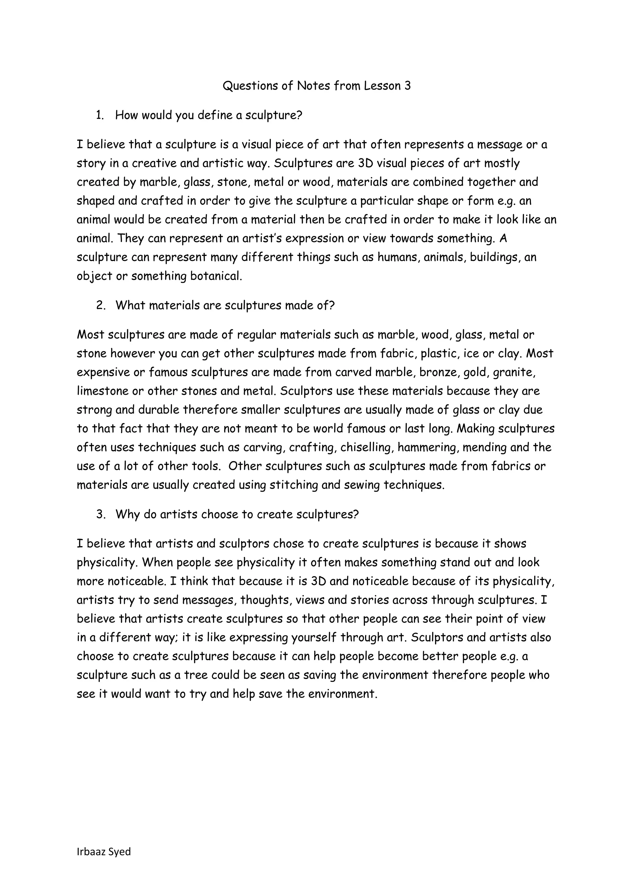 Questions and Answers on Sculptures | DOCX
