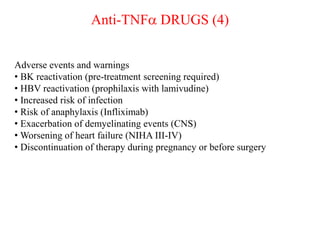 Adverse events and warnings
• BK reactivation (pre-treatment screening required)
• HBV reactivation (prophilaxis with lamivudine)
• Increased risk of infection
• Risk of anaphylaxis (Infliximab)
• Exacerbation of demyelinating events (CNS)
• Worsening of heart failure (NIHA III-IV)
• Discontinuation of therapy during pregnancy or before surgery
Anti-TNFa DRUGS (4)
 