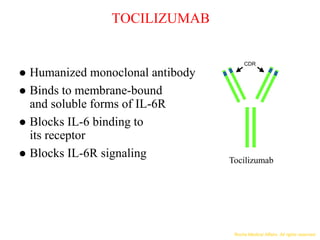 Roche Medical Affairs. All rights reserved.
TOCILIZUMAB
 Humanized monoclonal antibody
 Binds to membrane-bound
and soluble forms of IL-6R
 Blocks IL-6 binding to
its receptor
 Blocks IL-6R signaling Tocilizumab
CDR
 