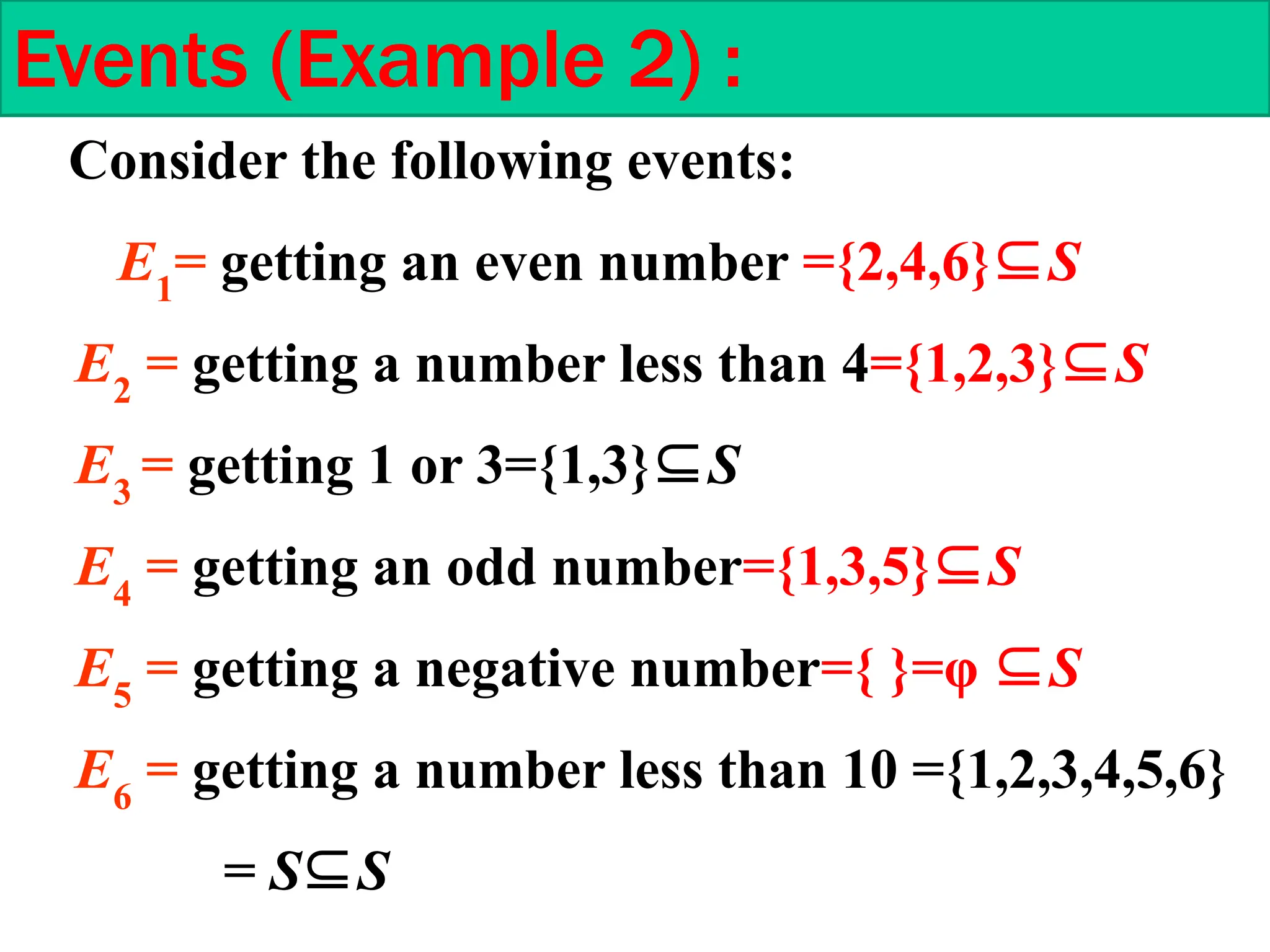 Events (Example 2) :
Consider the following events:
E1
= getting an even number ={2,4,6}⊆S
E2
= getting a number less than 4={1,2,3}⊆S
E3
= getting 1 or 3={1,3}⊆S
E4
= getting an odd number={1,3,5}⊆S
E5
= getting a negative number={ }=φ ⊆S
E6
= getting a number less than 10 ={1,2,3,4,5,6}
= S⊆S
 