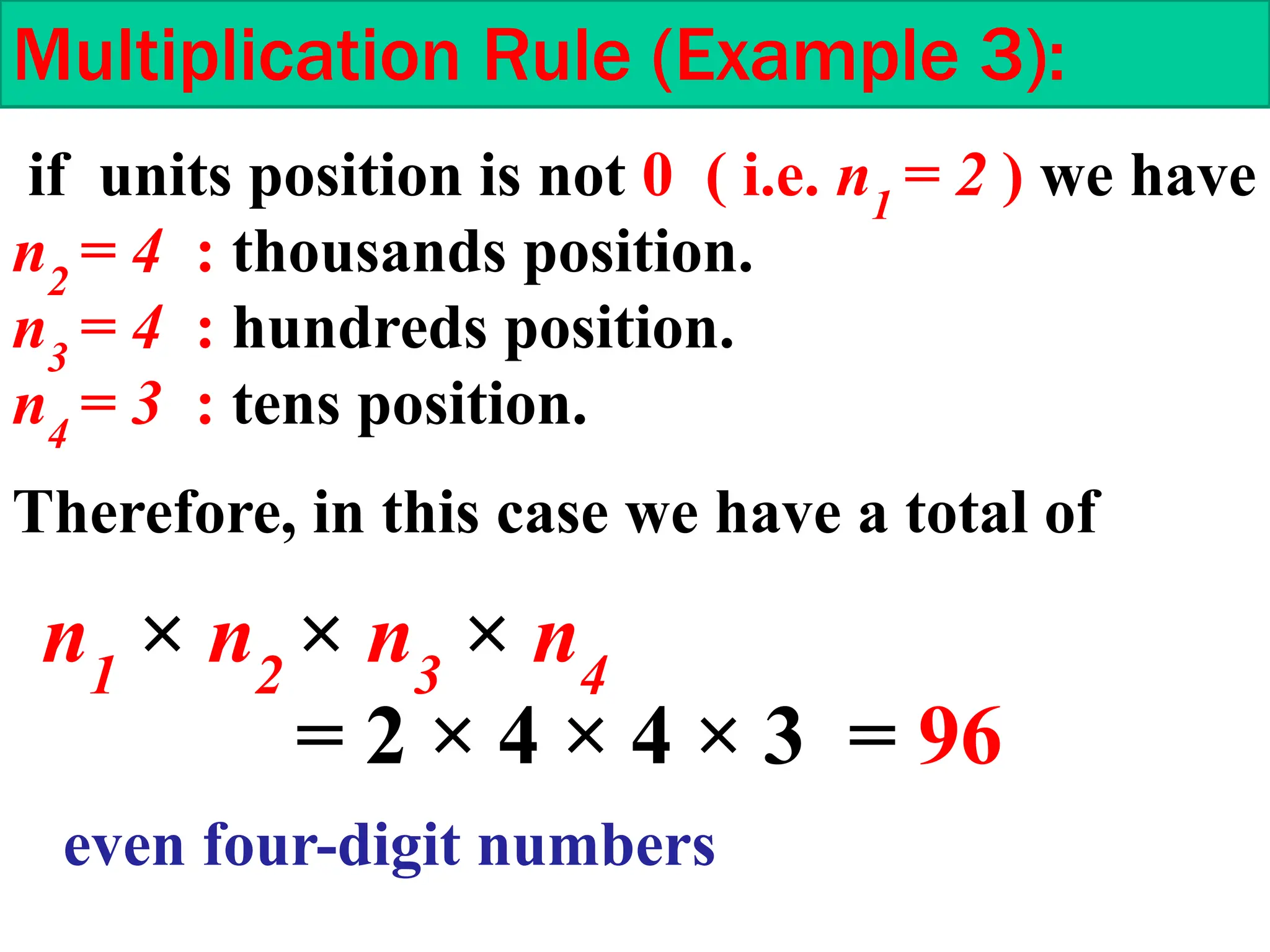 Multiplication Rule (Example 3):
if units position is not 0 ( i.e. n1
= 2 ) we have
n2
= 4 : thousands position.
n3
= 4 : hundreds position.
n4
= 3 : tens position.
Therefore, in this case we have a total of
n1
× n2
× n3
× n4
= 2 × 4 × 4 × 3 = 96
even four-digit numbers
 