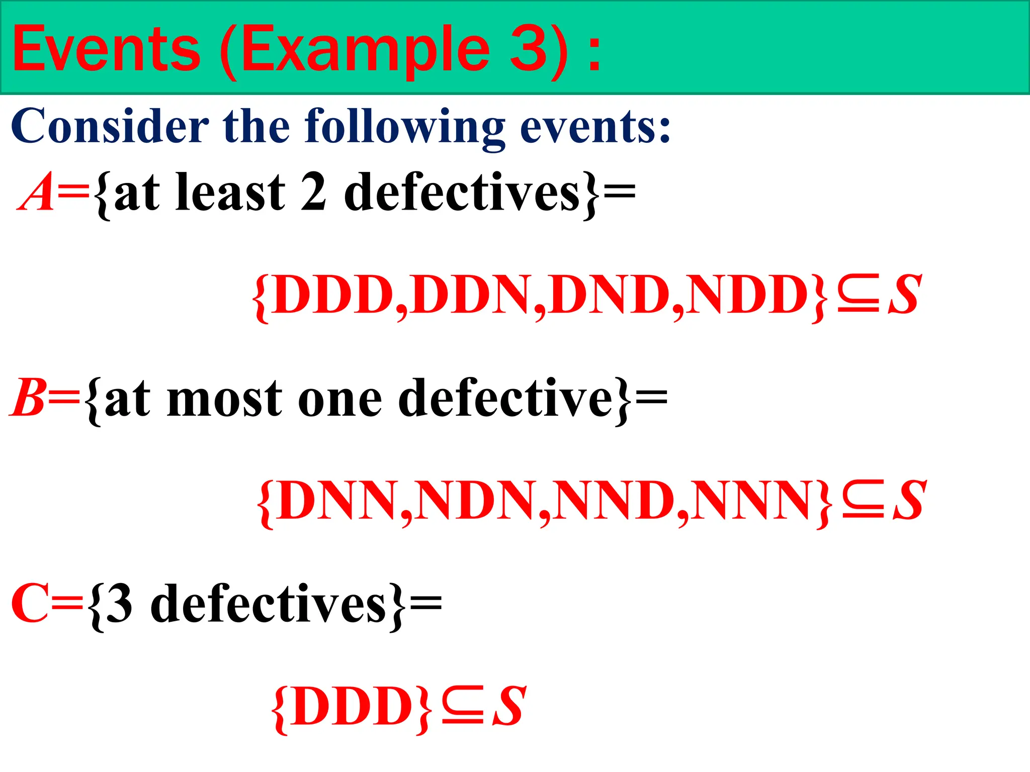 Events (Example 3) :
A={at least 2 defectives}=
{DDD,DDN,DND,NDD}⊆S
B={at most one defective}=
{DNN,NDN,NND,NNN}⊆S
C={3 defectives}=
{DDD}⊆S
Consider the following events:
 
