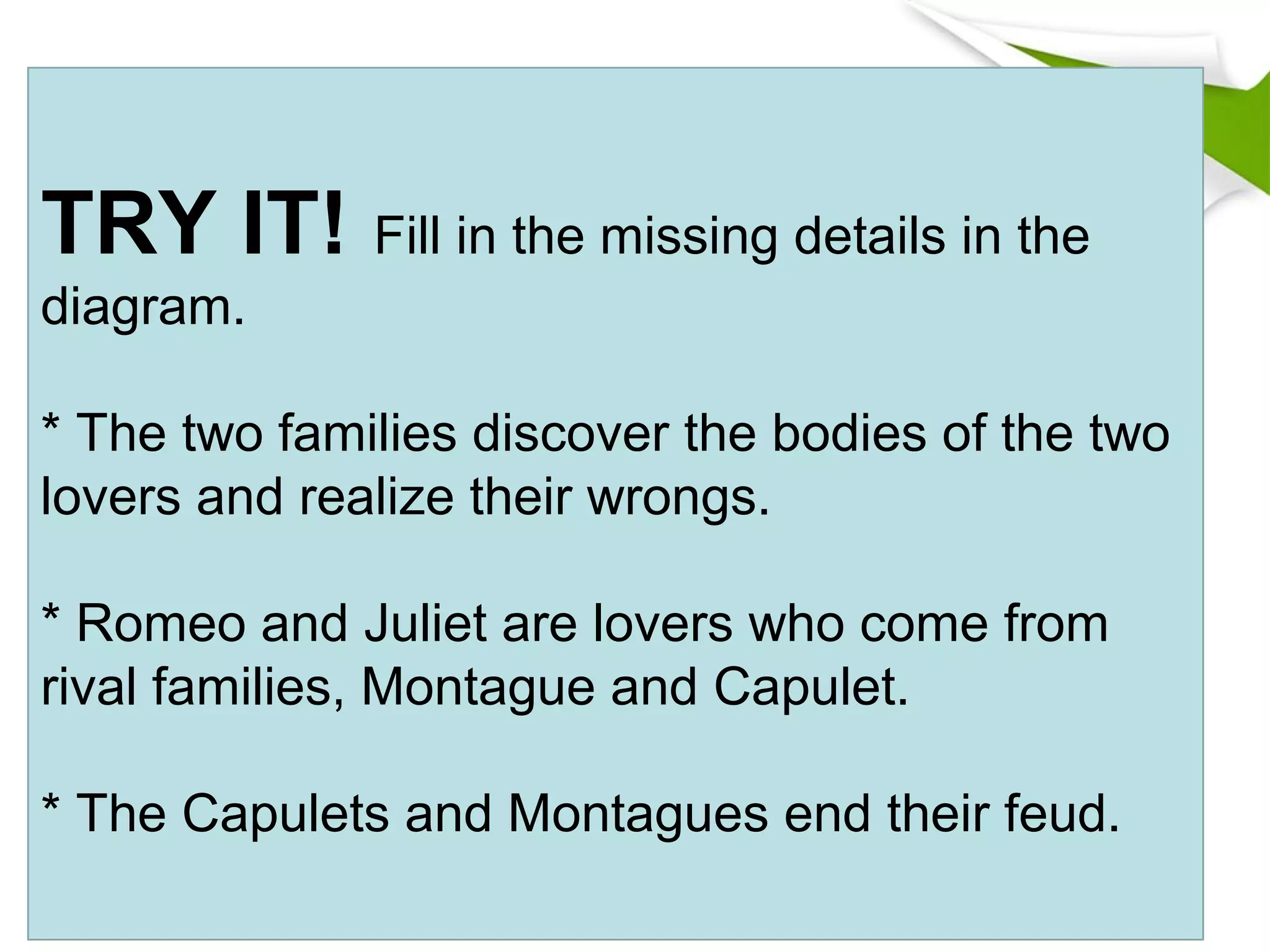 TRY IT! Fill in the missing details in the
diagram.
* The two families discover the bodies of the two
lovers and realize their wrongs.
* Romeo and Juliet are lovers who come from
rival families, Montague and Capulet.
* The Capulets and Montagues end their feud.
 