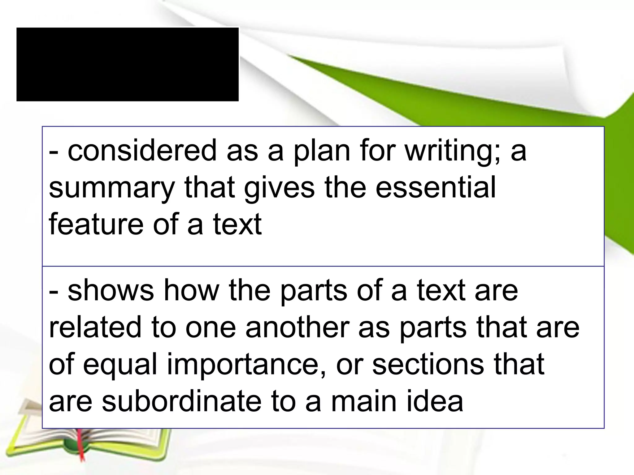 III. Outline
- considered as a plan for writing; a
summary that gives the essential
feature of a text
- shows how the parts of a text are
related to one another as parts that are
of equal importance, or sections that
are subordinate to a main idea
 