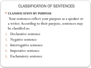 KINDS OF SENTENCES WITH EXAMPLE OF SENTENCES | PPTX