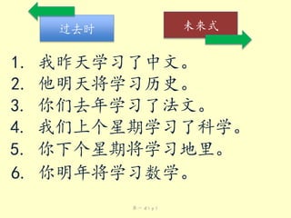 未来式

过去时

1.
2.
3.
4.
5.
6.

我昨天学习了中文。
他明天将学习历史。
你们去年学习了法文。
我们上个星期学习了科学。
你下个星期将学习地里。
你明年将学习数学。
第一 dìyī

 