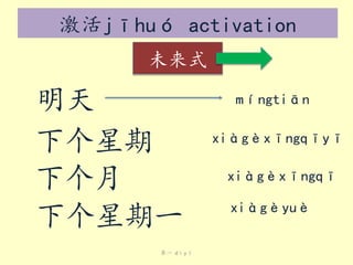 激活jīhuó activation
未来式

明天
下个星期
下个月
下个星期一
第一 dìyī

míngtiān

xiàgèxīngqīyī
xiàgèxīngqī
xiàgèyuè

 