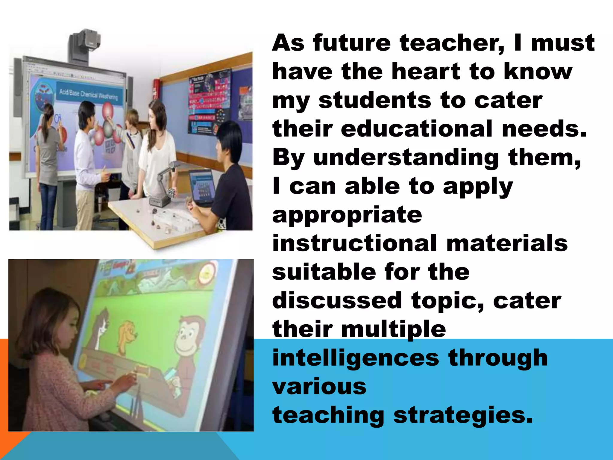 As future teacher, I must
have the heart to know
my students to cater
their educational needs.
By understanding them,
I can able to apply
appropriate
instructional materials
suitable for the
discussed topic, cater
their multiple
intelligences through
various
teaching strategies.
 