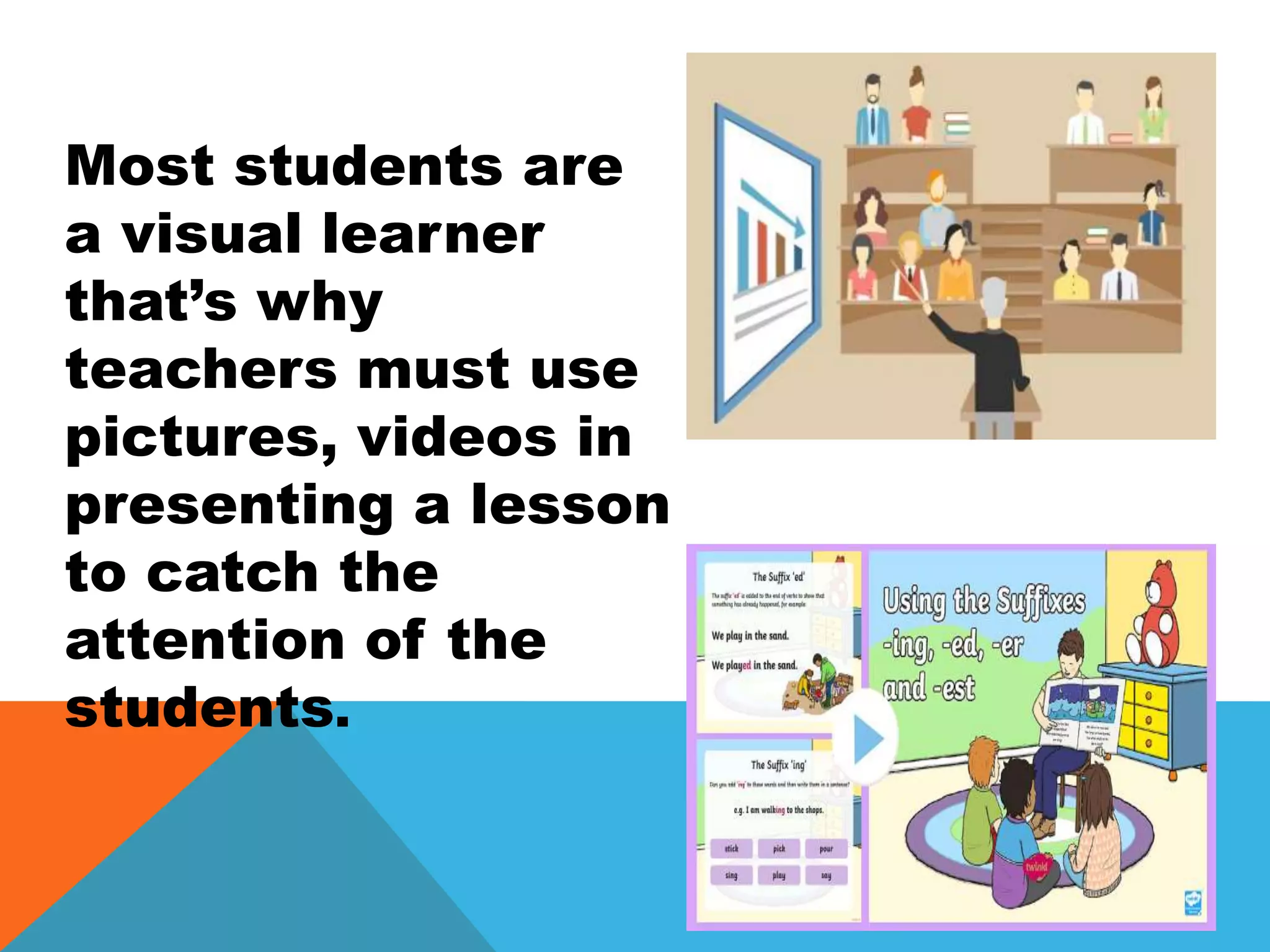 Most students are
a visual learner
that’s why
teachers must use
pictures, videos in
presenting a lesson
to catch the
attention of the
students.
 