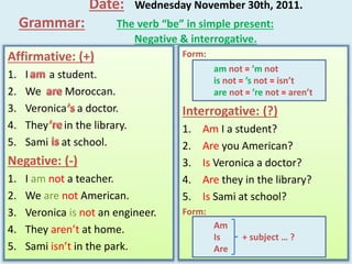 Date: Wednesday November 30th, 2011.
Grammar: The verb “be” in simple present:
Negative & interrogative.
Affirmative: (+)
1. I a student.
2. We Moroccan.
3. Veronica a doctor.
4. They in the library.
5. Sami at school.
Negative: (-)
1. I am not a teacher.
2. We are not American.
3. Veronica is not an engineer.
4. They aren’t at home.
5. Sami isn’t in the park.
Form:
Interrogative: (?)
1. Am I a student?
2. Are you American?
3. Is Veronica a doctor?
4. Are they in the library?
5. Is Sami at school?
Form:
am not = ’m not
is not = ’s not = isn’t
are not = ’re not = aren’t
Am
Is + subject … ?
Are
 