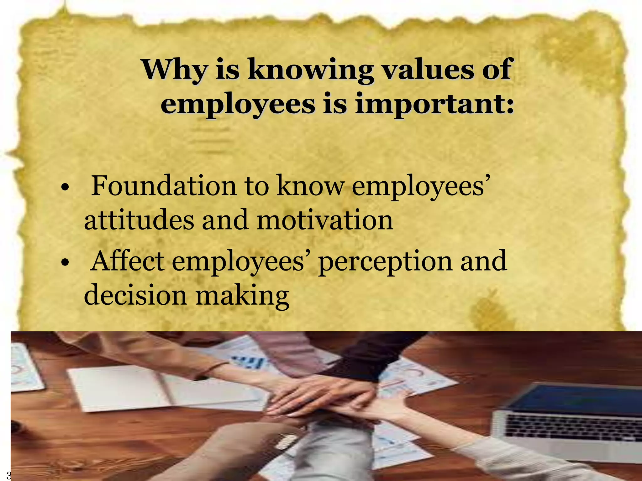 30.01.2010/ Reshmi Pillai/ OB
Why is knowing values of
employees is important:
• Foundation to know employees’
attitudes and motivation
• Affect employees’ perception and
decision making
 