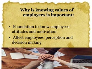 30.01.2010/ Reshmi Pillai/ OB
Why is knowing values of
employees is important:
• Foundation to know employees’
attitudes and motivation
• Affect employees’ perception and
decision making
 