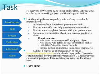 Introduction
Task
Process
Conclusion
Evaluation
Home
Task Hi everyone!!! Welcome back to our online class. Let's see what
are the steps in making a good multimedia presentation.
 Use the 5 steps below to guide you in making remarkable
presentations.
1. Learn more about PowerPoint presentation tools.
2. Find out some effects to help you do your presentation
3. Find out some templates that suit with your presentation.
4. Do your own presentation about your personal profile 4-5
slides.
5. Requirements:
- First slide: Introduce youself, add photo of you.
- Next slides: Add details to your information profile.
- Last slide: Put author contact details.
- include custom animations, transitions, themes, etc.
 Submit a copy of your presentation to me at
kerrytatham@yahoo.com and upload a copy in the Discussion
Forum entitled “My PowerPoint Presentation”. Check out your
classmates’ posts and leave constructive criticism for at least
two.
 HAVE FUN!!!
 