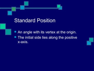 Standard Position
   An angle with its vertex at the origin.
   The initial side lies along the positive
    x-axis.
 