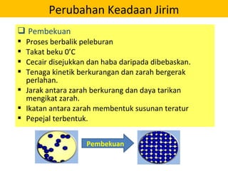  Pembekuan
 Proses berbalik peleburan
 Takat beku 0’C
 Cecair disejukkan dan haba daripada dibebaskan.
 Tenaga kinetik berkurangan dan zarah bergerak
perlahan.
 Jarak antara zarah berkurang dan daya tarikan
mengikat zarah.
 Ikatan antara zarah membentuk susunan teratur
 Pepejal terbentuk.
Perubahan Keadaan Jirim
Pembekuan
 
