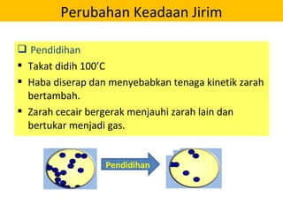  Pendidihan
 Takat didih 100’C
 Haba diserap dan menyebabkan tenaga kinetik zarah
bertambah.
 Zarah cecair bergerak menjauhi zarah lain dan
bertukar menjadi gas.
Perubahan Keadaan Jirim
Pendidihan
 