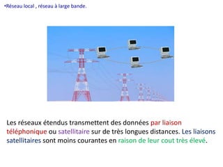 •Réseau local , réseau à large bande. 
Les réseaux étendus transmettent des données par liaison 
téléphonique ou satellitaire sur de très longues distances. Les liaisons 
satellitaires sont moins courantes en raison de leur cout très élevé. 
 