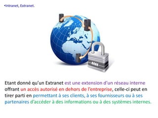•Intranet, Extranet. 
Etant donné qu’un Extranet est une extension d’un réseau interne 
offrant un accès autorisé en dehors de l’entreprise, celle-ci peut en 
tirer parti en permettant à ses clients, à ses fournisseurs ou à ses 
partenaires d’accéder à des informations ou à des systèmes internes. 
 