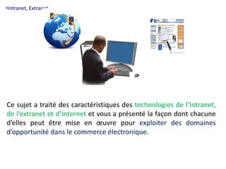 •Intranet, Extranet. 
Ce sujet a traité des caractéristiques des technologies de l’Intranet, 
de l’extranet et d’Internet et vous a présenté la façon dont chacune 
d’elles peut être mise en oeuvre pour exploiter des domaines 
d’opportunité dans le commerce électronique. 
 