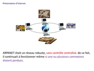 •Présentation d’Internet. 
ARPANET était un réseau robuste, sans contrôle centralisé. de ce fait, 
il continuait à fonctionner même si une ou plusieurs connexions 
étaient perdues. 
 