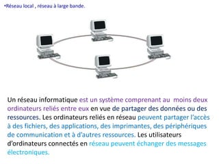 •Réseau local , réseau à large bande. 
Un réseau informatique est un système comprenant au moins deux 
ordinateurs reliés entre eux en vue de partager des données ou des 
ressources. Les ordinateurs reliés en réseau peuvent partager l’accès 
à des fichiers, des applications, des imprimantes, des périphériques 
de communication et à d’autres ressources. Les utilisateurs 
d’ordinateurs connectés en réseau peuvent échanger des messages 
électroniques. 
 