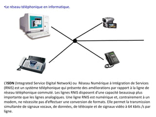 •Le réseau téléphonique en informatique. 
L’ISDN (Integrated Service Digital Network) ou Réseau Numérique à Intégration de Services 
(RNIS) est un système téléphonique qui présente des améliorations par rapport à la ligne de 
réseau téléphonique commuté. Les lignes RNIS disposent d’une capacité beaucoup plus 
importante que les lignes analogiques. Une ligne RNIS est numérique et, contrairement à un 
modem, ne nécessite pas d’effectuer une conversion de formats. Elle permet la transmission 
simultanée de signaux vocaux, de données, de télécopie et de signaux vidéo à 64 kbits /s par 
ligne. 
 