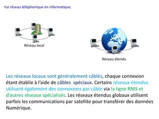 •Le réseau téléphonique en informatique. 
Réseau local 
Réseau étendu 
Les réseaux locaux sont généralement câblés, chaque connexion 
étant établie à l’aide de câbles spéciaux. Certains réseaux étendus 
utilisent également des connexions par câble via la ligne RNIS et 
d’autres réseaux spécialisés. Les réseaux étendus globaux utilisent 
parfois les communications par satellite pour transférer des données 
Numérique. 
 