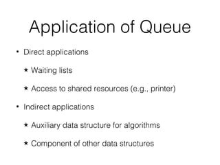 Application of Queue
• Direct applications
★ Waiting lists
★ Access to shared resources (e.g., printer)
• Indirect applications
★ Auxiliary data structure for algorithms
★ Component of other data structures
 