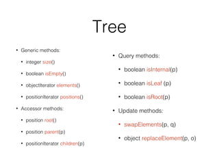 Tree
• Generic methods:
• integer size()
• boolean isEmpty()
• objectIterator elements()
• positionIterator positions()
• Accessor methods:
• position root()
• position parent(p)
• positionIterator children(p)
• Query methods:
• boolean isInternal(p)
• boolean isLeaf (p)
• boolean isRoot(p)
• Update methods:
• swapElements(p, q)
• object replaceElement(p, o)
 