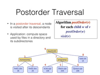 Postorder Traversal
• In a postorder traversal, a node
is visited after its descendants
• Application: compute space
used by files in a directory and
its subdirectories
 