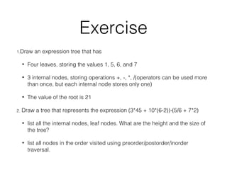Exercise
1.Draw an expression tree that has
• Four leaves, storing the values 1, 5, 6, and 7
• 3 internal nodes, storing operations +, -, *, /(operators can be used more
than once, but each internal node stores only one)
• The value of the root is 21
2. Draw a tree that represents the expression (3*45 + 10*(6-2))-(5/6 + 7*2)
• list all the internal nodes, leaf nodes. What are the height and the size of
the tree?
• list all nodes in the order visited using preorder/postorder/inorder
traversal.
 