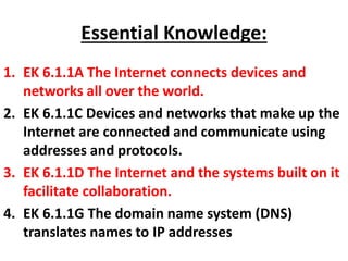 Essential Knowledge:
1. EK 6.1.1A The Internet connects devices and
networks all over the world.
2. EK 6.1.1C Devices and networks that make up the
Internet are connected and communicate using
addresses and protocols.
3. EK 6.1.1D The Internet and the systems built on it
facilitate collaboration.
4. EK 6.1.1G The domain name system (DNS)
translates names to IP addresses
 